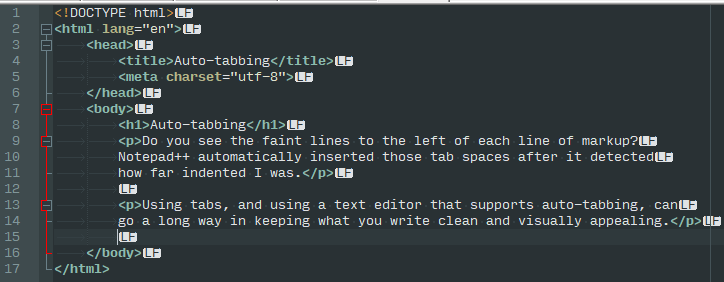 Notepad++ demonstrating auto-tabbing