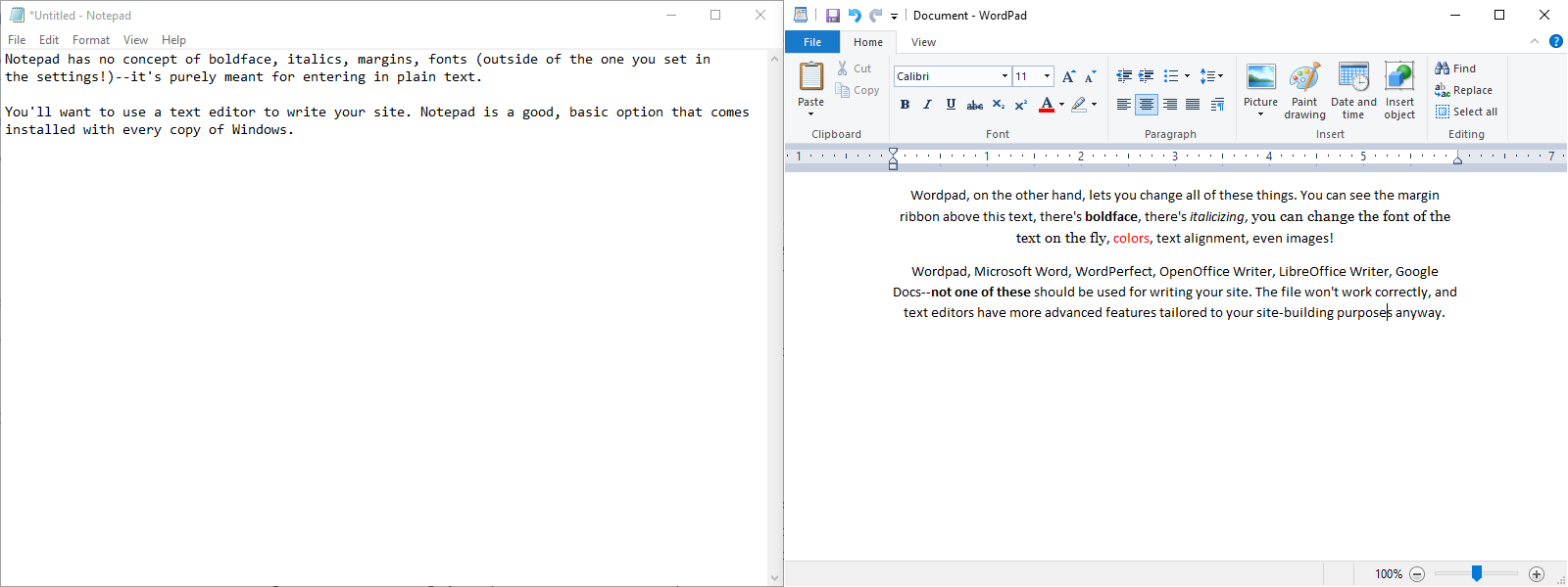 A comparison between Notepad and Wordpad